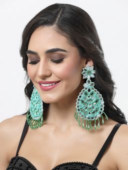 Moedbuille - Green Beads & Mirrors Contemporary Handwoven Design Silver Plated Tasselled Earrings