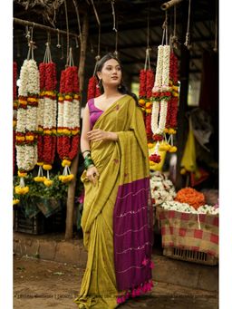 Ethnic Elements - Olive Mul Cotton Kardana Hand Embroidered Saree Without Blouse