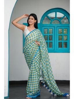 Ethnic Elements - Green Mul Cotton Checked Saree Without Blouse