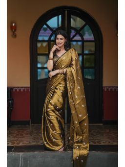 Ethnic Elements - Gold Mul Cotton Tissue Shiuli Saree Without Blouse
