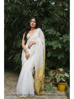 Ethnic Elements - White Handwoven Muslin Jamdani Saree Without Blouse