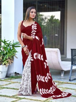 Suha - Maroon Bagru Block Print Mulmul Cotton Saree with Unstitched Blouse