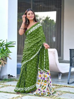 Suha - Green Churi Hand Block Print Mulmul Cotton Saree with Unstitched Blouse