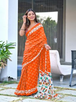 Suha - Orange Churi Hand Block Print Mulmul Cotton Saree with Unstitched Blouse