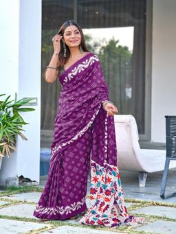 Suha - Purple Churi Hand Block Print Mulmul Cotton Saree with Unstitched Blouse