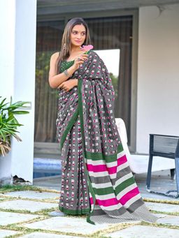 Suha - Grey Cartoon Hand Block Mulmul Cotton Saree with Unstitched Blouse
