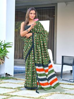 Suha - Green Cartoon Hand Block Mulmul Cotton Saree with Unstitched Blouse