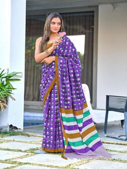 Suha - Purple Cartoon Hand Block Mulmul Cotton Saree with Unstitched Blouse