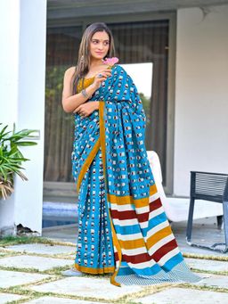 Suha - Blue Cartoon Hand Block Mulmul Cotton Saree with Unstitched Blouse