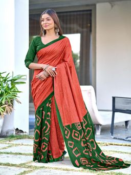 Suha - Rust Batik Style Fancy Hand Block Mulmul Cotton Saree with Unstitched Blouse