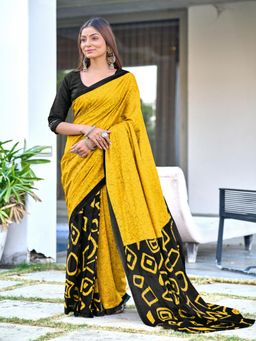 Suha - Yellow Batik Style Fancy Hand Block Mulmul Cotton Saree with Unstitched Blouse