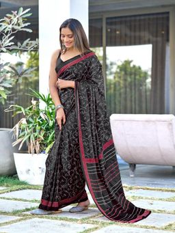 Suha - Black Ajrakh Fancy Hand Block Mulmul Cotton Saree with Unstitched Blouse