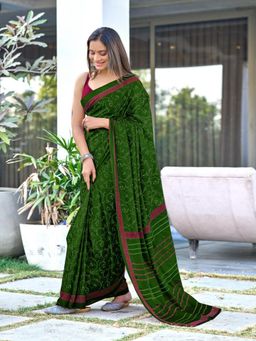 Suha - Green Ajrakh Fancy Hand Block Mulmul Cotton Saree with Unstitched Blouse