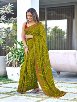 Suha - Olive Ajrakh Fancy Hand Block Mulmul Cotton Saree with Unstitched Blouse