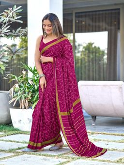 Suha - Magenta Ajrakh Fancy Hand Block Mulmul Cotton Saree with Unstitched Blouse