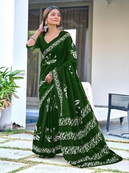 Suha - Green Batik Butterfly Hand Block Mulmul Cotton Saree with Unstitched Blouse