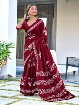 Suha - Maroon Batik Butterfly Hand Block Mulmul Cotton Saree with Unstitched Blouse