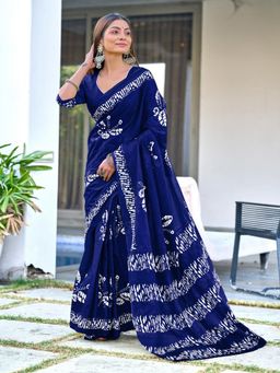 Suha - Blue Batik Butterfly Hand Block Mulmul Cotton Saree with Unstitched Blouse