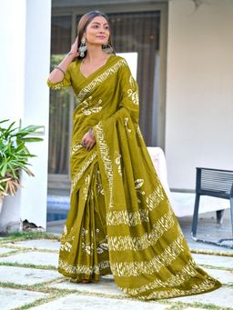 Suha - Green Batik Butterfly Hand Block Mulmul Cotton Saree with Unstitched Blouse