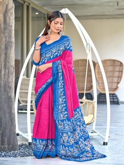 Suha - Pink Hand Batik Print Mulmul Cotton Saree with Unstitched Blouse