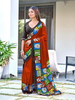 Suha - Rust Bagru Block Print Mulmul Cotton Saree with Unstitched Blouse