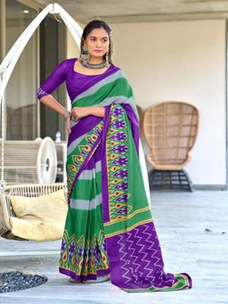 Suha - Purple Pure Mulmul Cotton Hand Block Print Saree with Unstitched Blouse