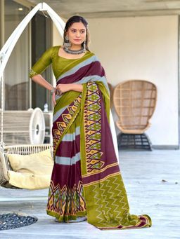 Suha - Green Pure Mulmul Cotton Hand Block Print Saree with Unstitched Blouse