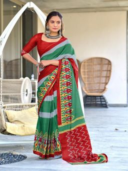 Suha - Red Pure Mulmul Cotton Hand Block Print Saree with Unstitched Blouse