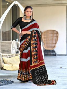 Suha - Black Pure Mulmul Cotton Hand Block Print Saree with Unstitched Blouse