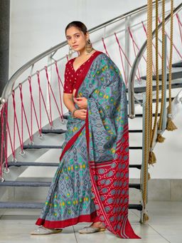 Suha - Grey Ikat Print Mulmul Cotton Saree with Unstitched Blouse