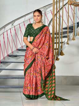 Suha - Peach Ikat Print Mulmul Cotton Saree with Unstitched Blouse