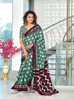 Suha - Blue Hand Block Printed Cotton Mul Saree with Unstitched Blouse