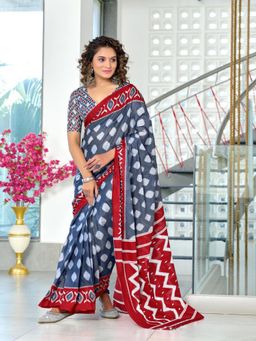 Suha - Grey Hand Block Printed Cotton Mul Saree with Unstitched Blouse