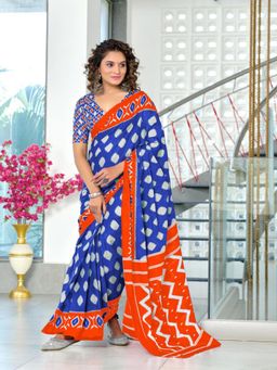 Suha - Blue Hand Block Printed Cotton Mul Saree with Unstitched Blouse