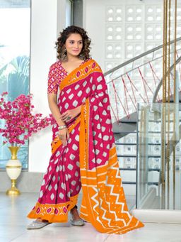 Suha - Pink Hand Block Printed Cotton Mul Saree with Unstitched Blouse