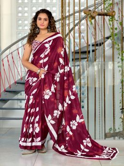 Suha - Maroon Hand Block Printed Cotton Mul Saree with Unstitched Blouse
