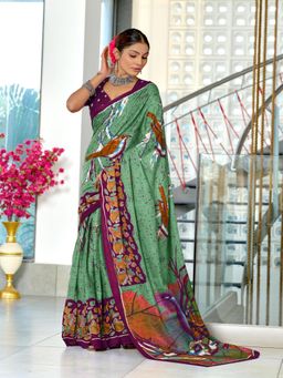 Suha - Green Pure Mulmul Cotton Hand Block Print Saree with Unstitched Blouse