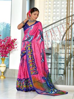 Suha - Pink Pure Mulmul Cotton Hand Block Print Saree with Unstitched Blouse