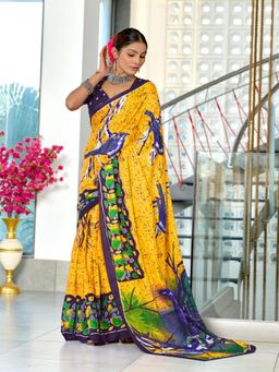 Suha - Yellow Pure Mulmul Cotton Hand Block Print Saree with Unstitched Blouse