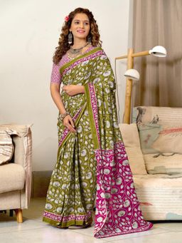 Suha - Olive Ajrakh Fancy Mulmul Cotton Saree with Unstitched Blouse