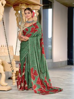 Suha - Green Hand Block Printed Cotton Mul Saree with Unstitched Blouse