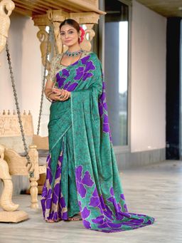 Suha - Aqua Hand Block Printed Cotton Mul Saree with Unstitched Blouse