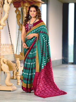 Suha - Teal Hand Block Printed Cotton Mul Saree with Unstitched Blouse