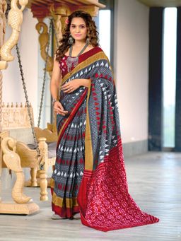 Suha - Grey Hand Block Printed Cotton Mul Saree with Unstitched Blouse