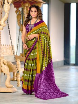 Suha - Olive Hand Block Printed Cotton Mul Saree with Unstitched Blouse