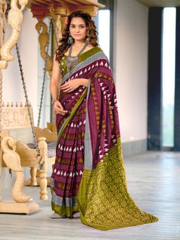 Suha - Maroon Hand Block Printed Cotton Mul Saree with Unstitched Blouse