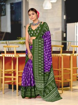 Suha - Purple Bagru Block Print Mulmul Cotton Saree with Unstitched Blouse
