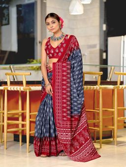 Suha - Grey Bagru Block Print Mulmul Cotton Saree with Unstitched Blouse