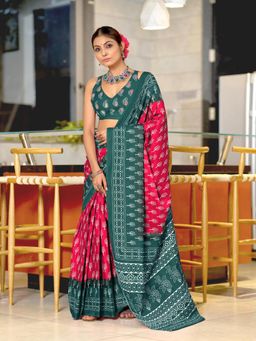 Suha - Pink Bagru Block Print Mulmul Cotton Saree with Unstitched Blouse