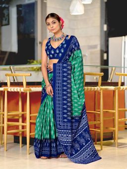 Suha - Blue Bagru Block Print Mulmul Cotton Saree with Unstitched Blouse